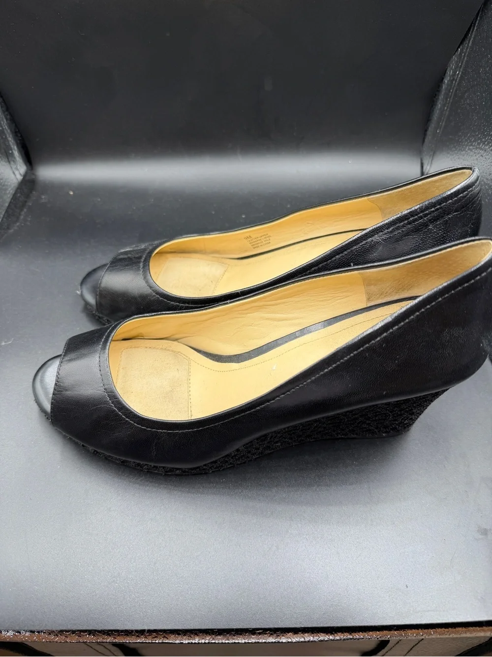 Alex Marie Women’s Black Peep-Toe Wedge Heels